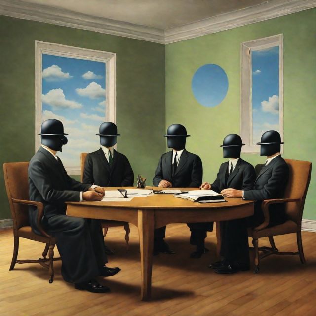 AI generated office meeting Rene Magritte style